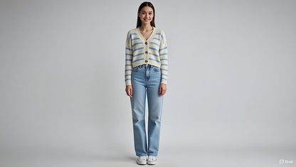Acrylic Full Sleeve with Striped Knit Button-Front Sky Blue Cardigan