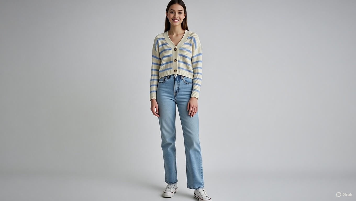 Acrylic Full Sleeve with Striped Knit Button-Front Sky Blue Cardigan