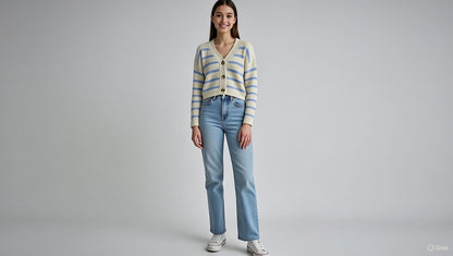 Acrylic Full Sleeve with Striped Knit Button-Front Sky Blue Cardigan