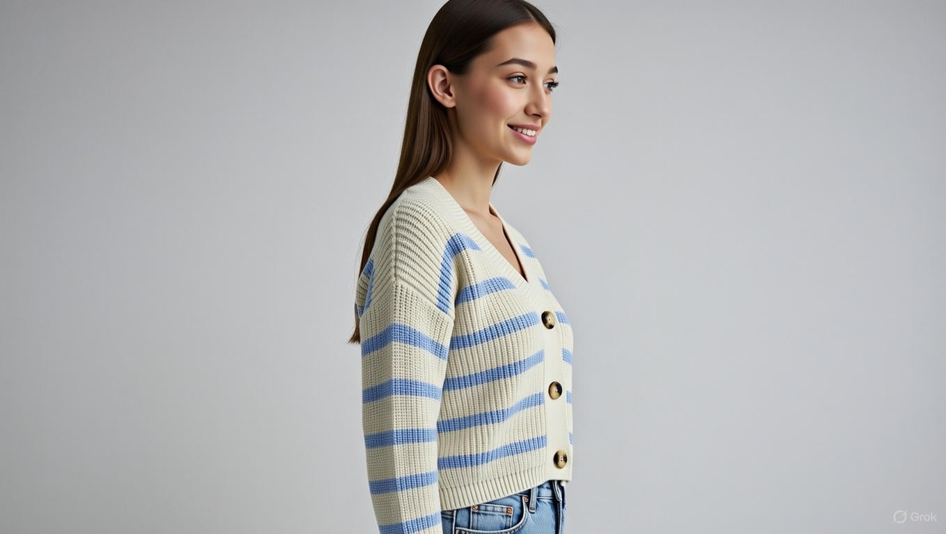 Acrylic Full Sleeve with Striped Knit Button-Front Sky Blue Cardigan