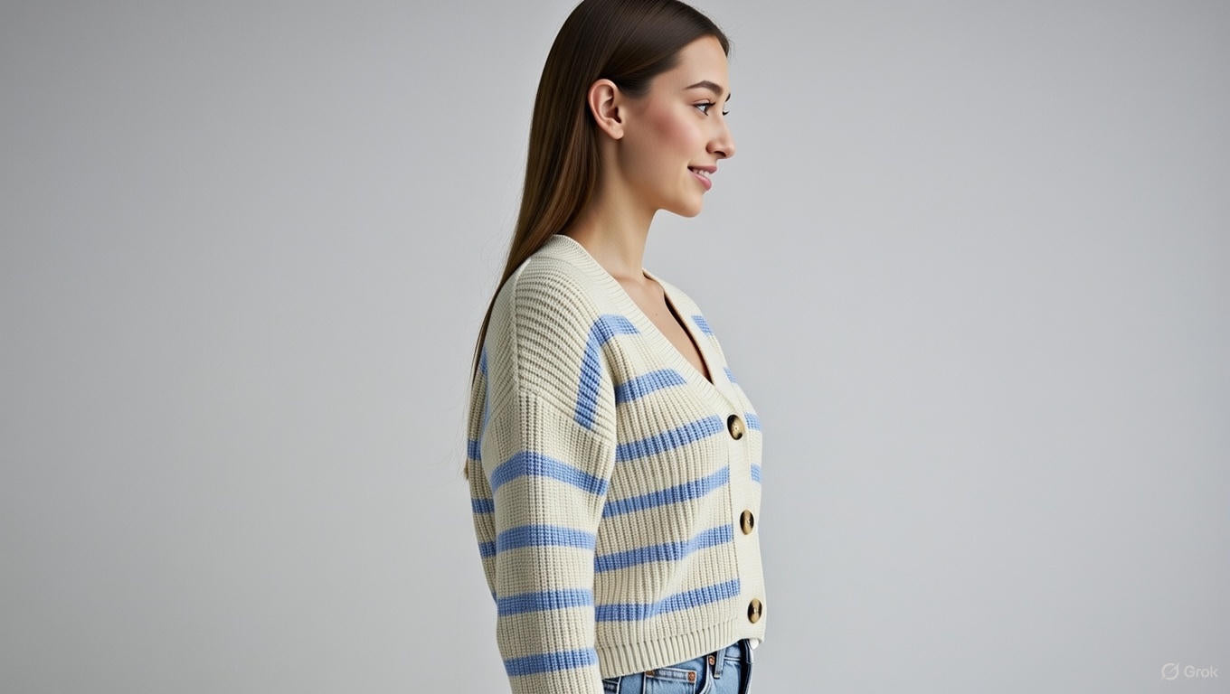 Acrylic Full Sleeve with Striped Knit Button-Front Sky Blue Cardigan