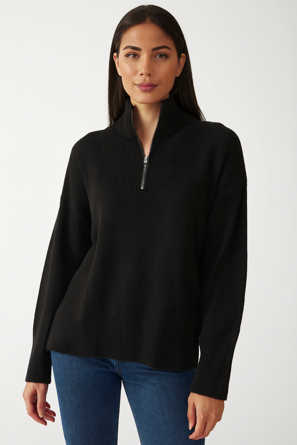 Acrylic Full Sleeve Black Solid Zip-Front Sweater