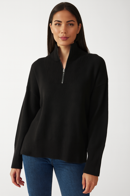 Acrylic Full Sleeve Black Solid Zip-Front Sweater