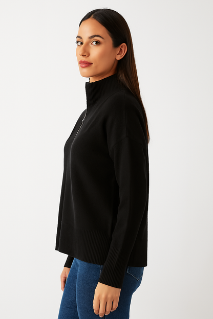 Acrylic Full Sleeve Black Solid Zip-Front Sweater