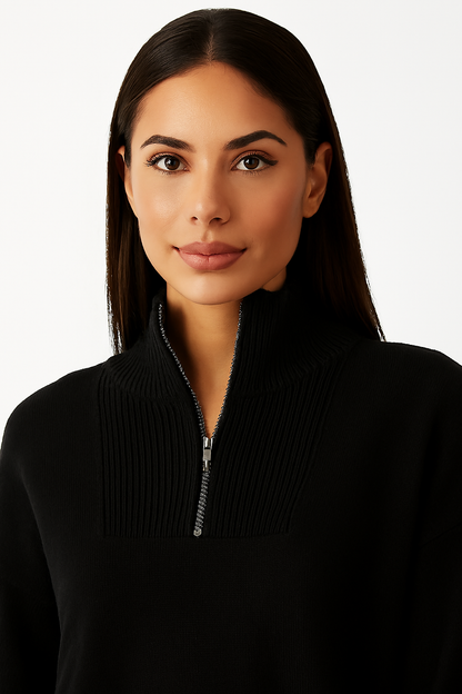 Acrylic Full Sleeve Black Solid Zip-Front Sweater