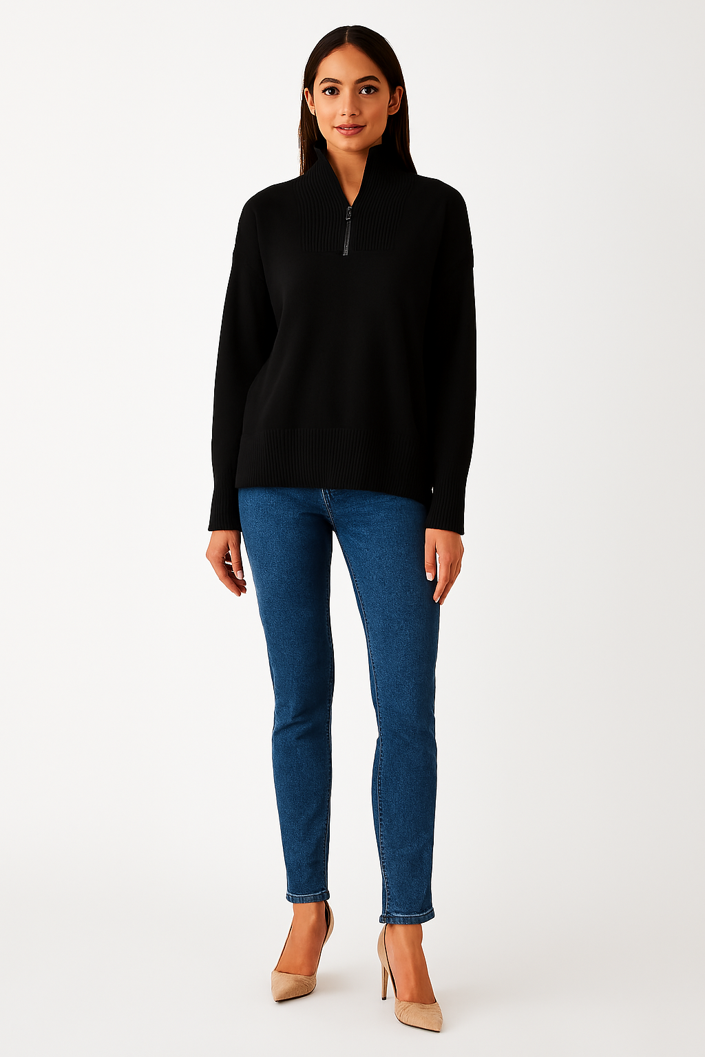 Acrylic Full Sleeve Black Solid Zip-Front Sweater