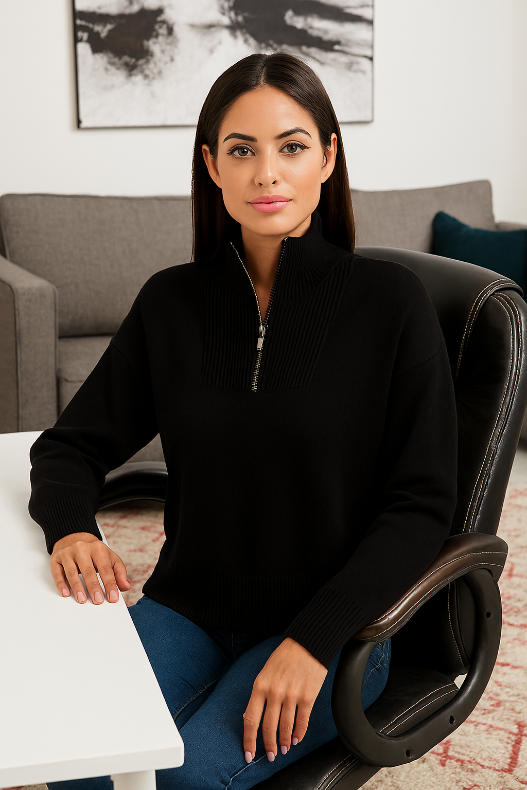 Acrylic Full Sleeve Black Solid Zip-Front Sweater