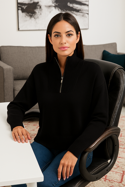 Acrylic Full Sleeve Black Solid Zip-Front Sweater