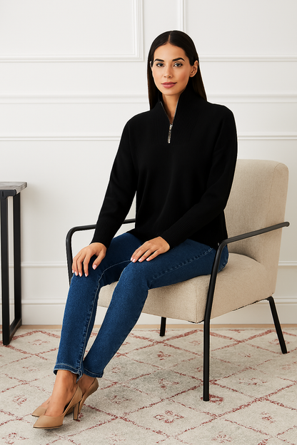 Acrylic Full Sleeve Black Solid Zip-Front Sweater