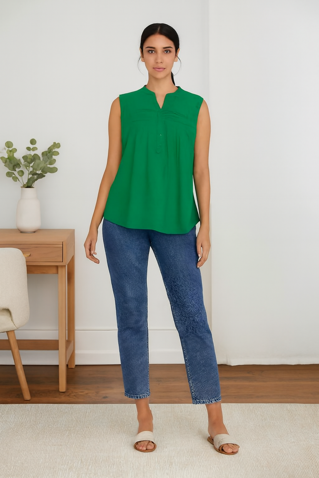 Green Cotton Loose Fit Sleeveless Top