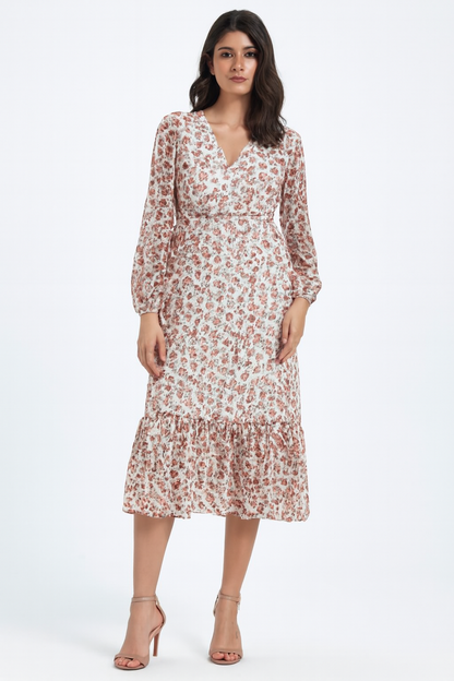 Polyester Floral Printed V-Neck Midi Dress with Long Sleeves