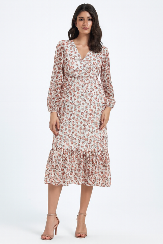Polyester Floral Printed V-Neck Midi Dress with Long Sleeves