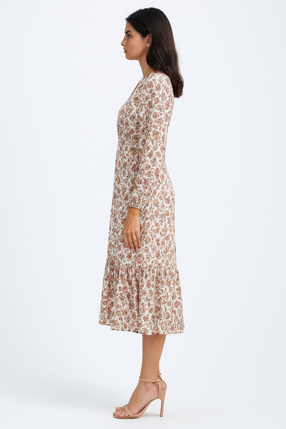 Polyester Floral Printed V-Neck Midi Dress with Long Sleeves