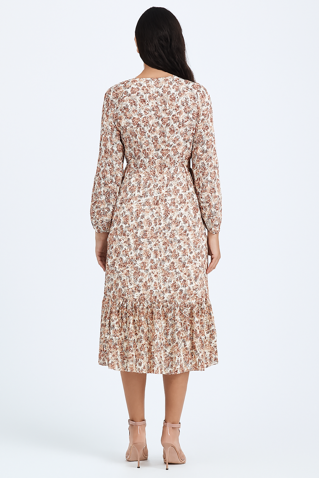 Polyester Floral Printed V-Neck Midi Dress with Long Sleeves