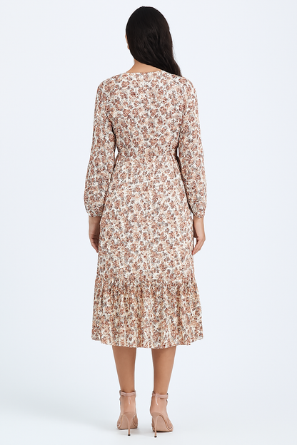 Polyester Floral Printed V-Neck Midi Dress with Long Sleeves