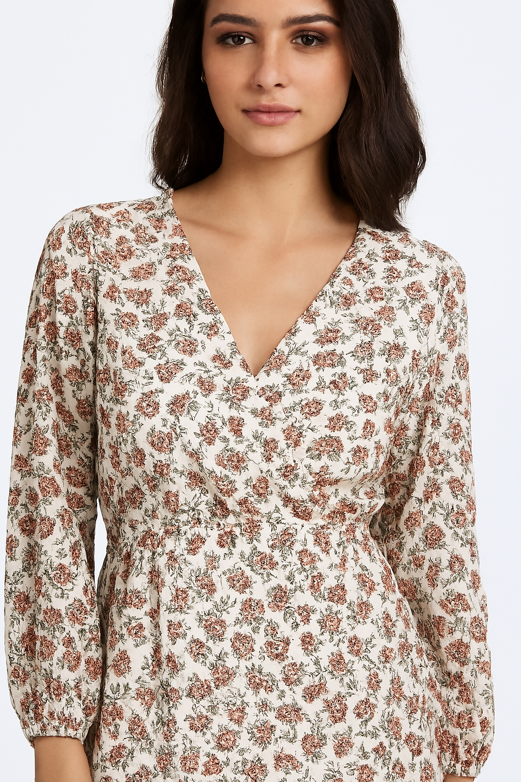 Polyester Floral Printed V-Neck Midi Dress with Long Sleeves
