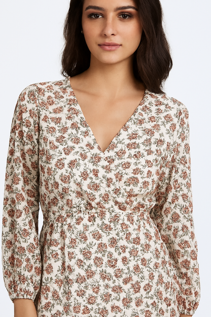 Polyester Floral Printed V-Neck Midi Dress with Long Sleeves