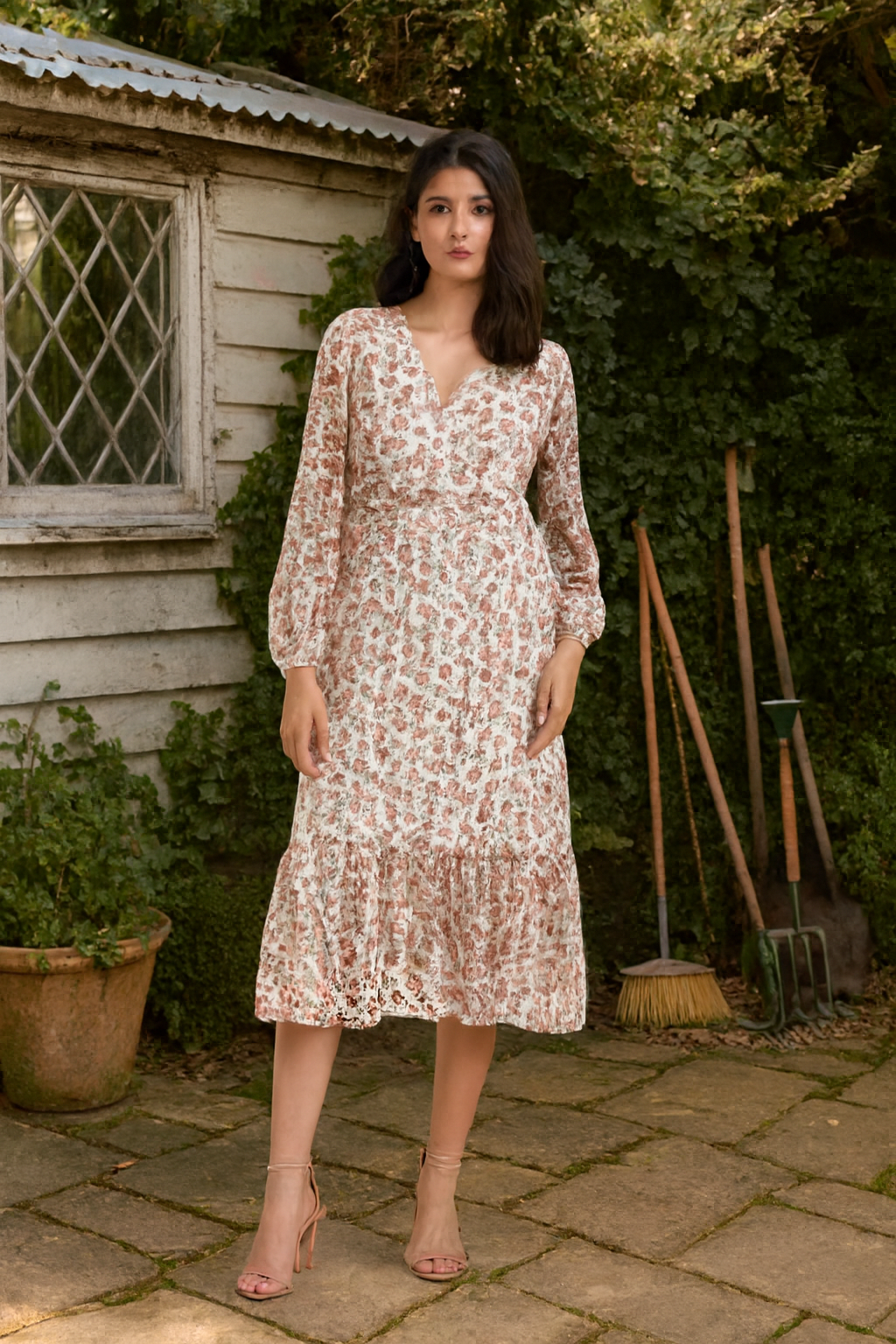 Polyester Floral Printed V-Neck Midi Dress with Long Sleeves