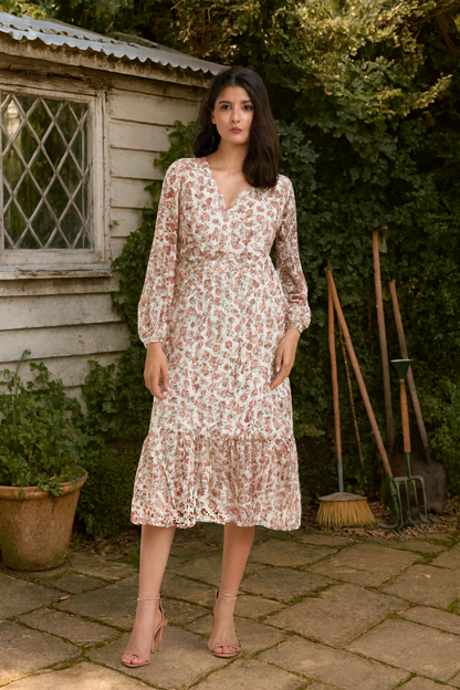 Polyester Floral Printed V-Neck Midi Dress with Long Sleeves