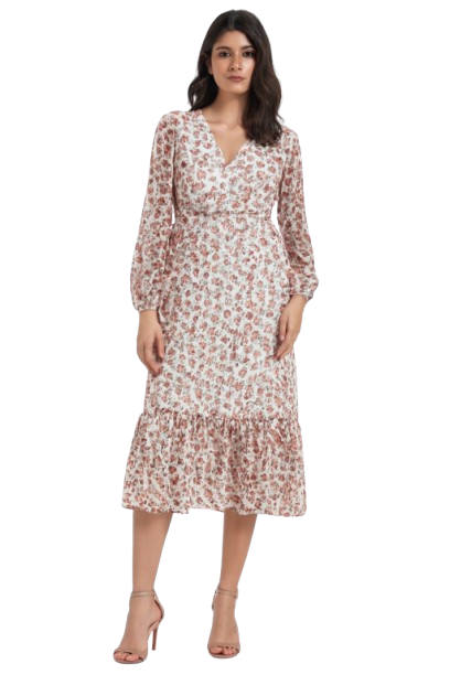 Polyester Floral Printed V-Neck Midi Dress with Long Sleeves