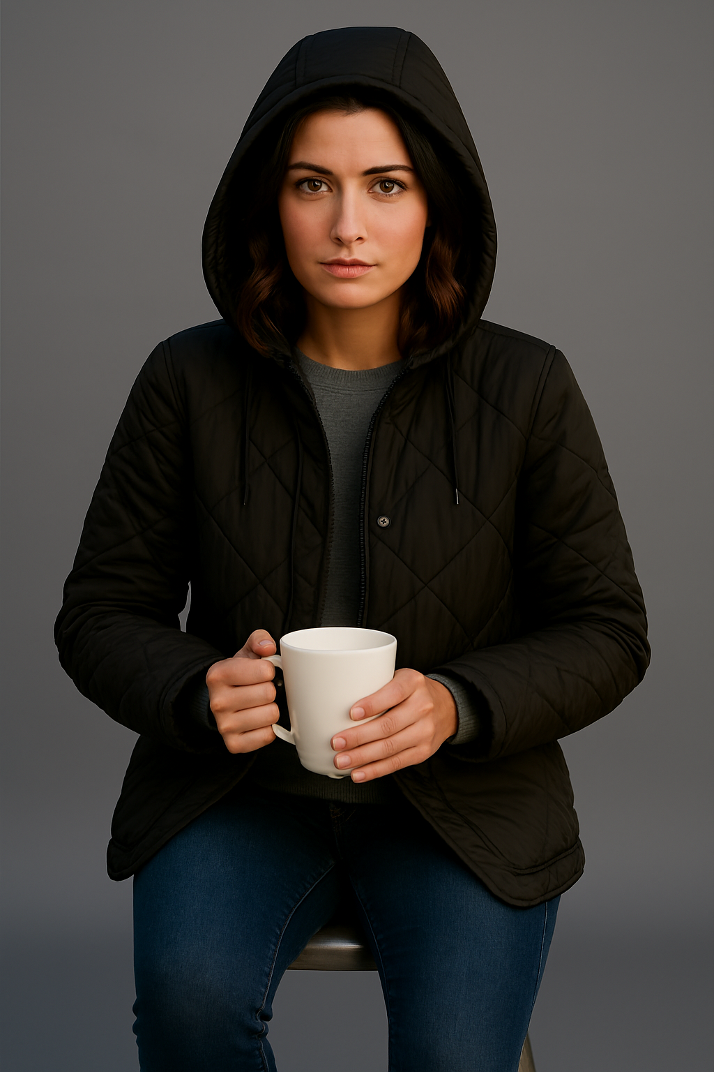 Polyester Black Quilted Hooded Jacket with Front Pockets | Winter Wear Loose Fit Jacket
