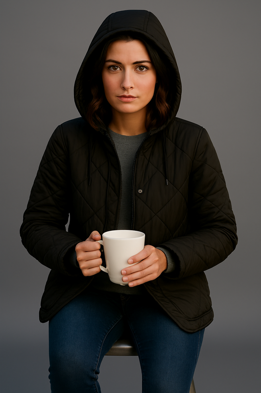 Polyester Black Quilted Hooded Jacket with Front Pockets | Winter Wear Loose Fit Jacket