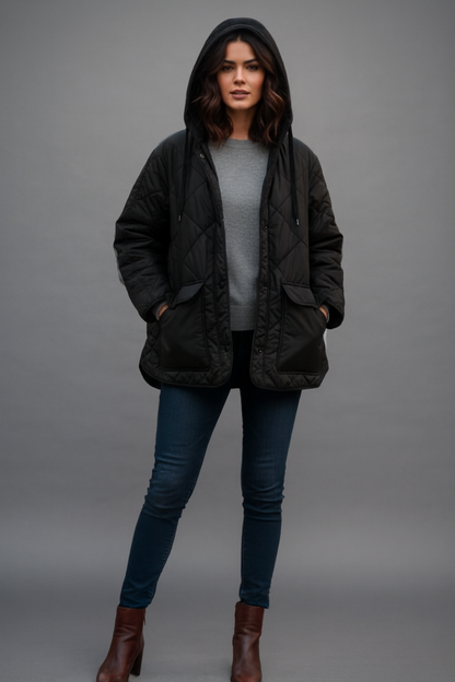 Polyester Black Quilted Hooded Jacket with Front Pockets | Winter Wear Loose Fit Jacket