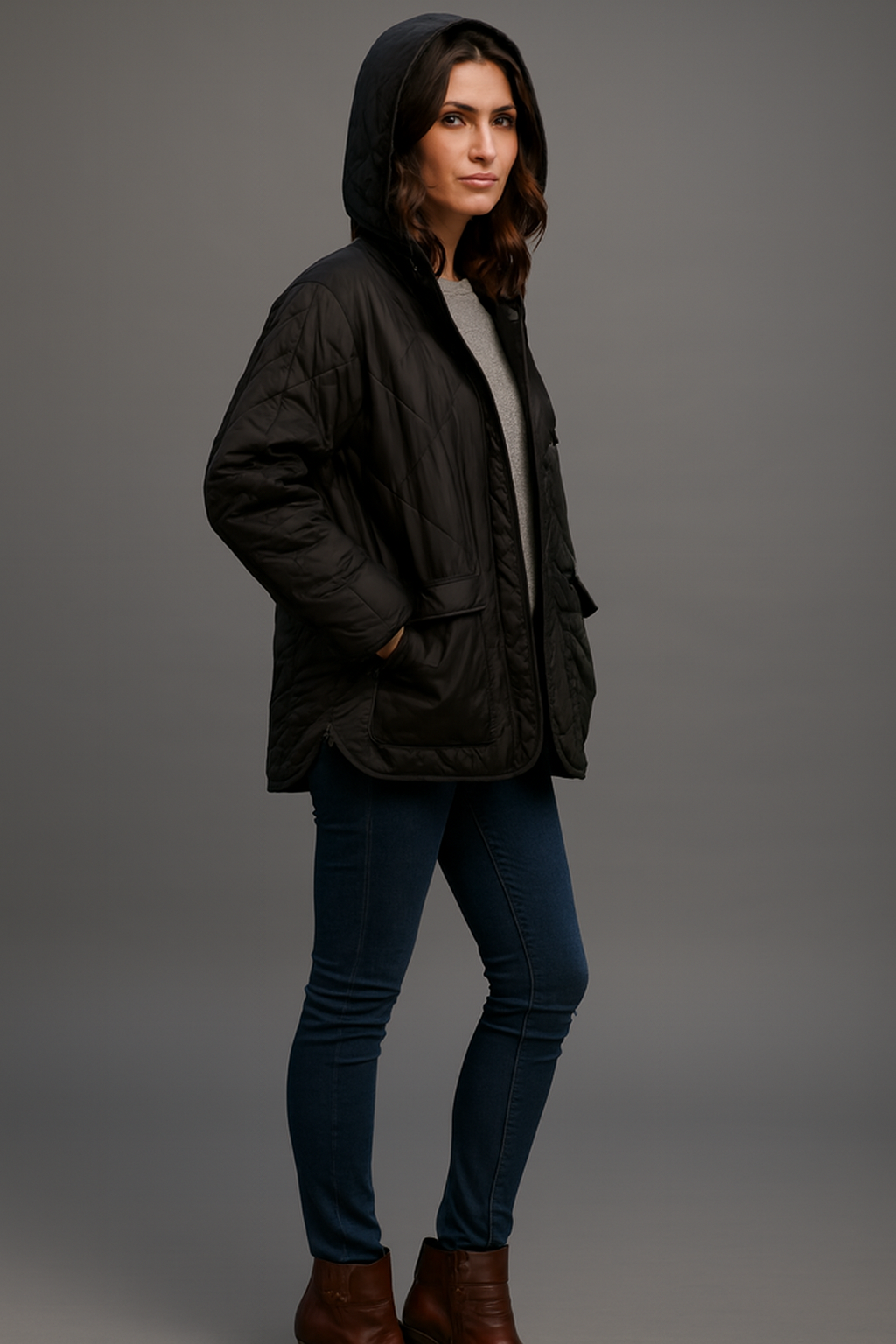 Polyester Black Quilted Hooded Jacket with Front Pockets | Winter Wear Loose Fit Jacket