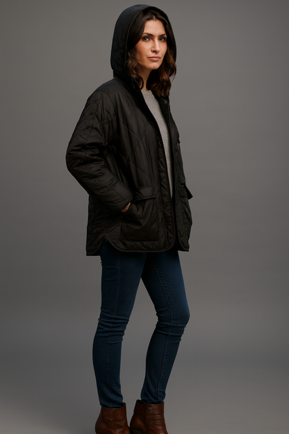Polyester Black Quilted Hooded Jacket with Front Pockets | Winter Wear Loose Fit Jacket