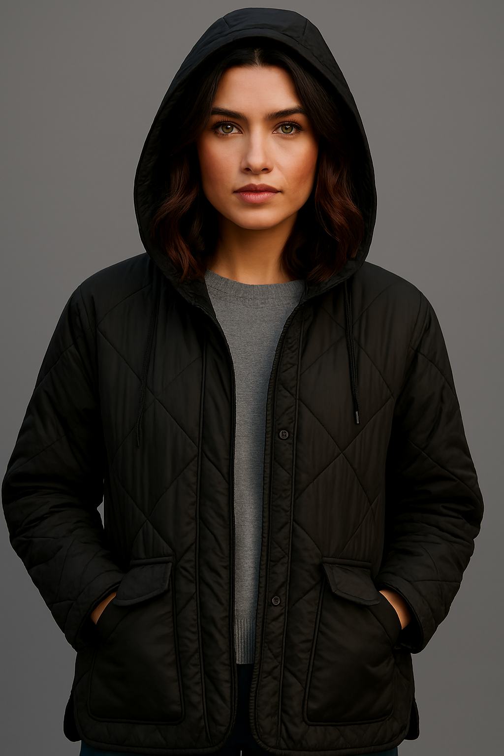 Polyester Black Quilted Hooded Jacket with Front Pockets | Winter Wear Loose Fit Jacket