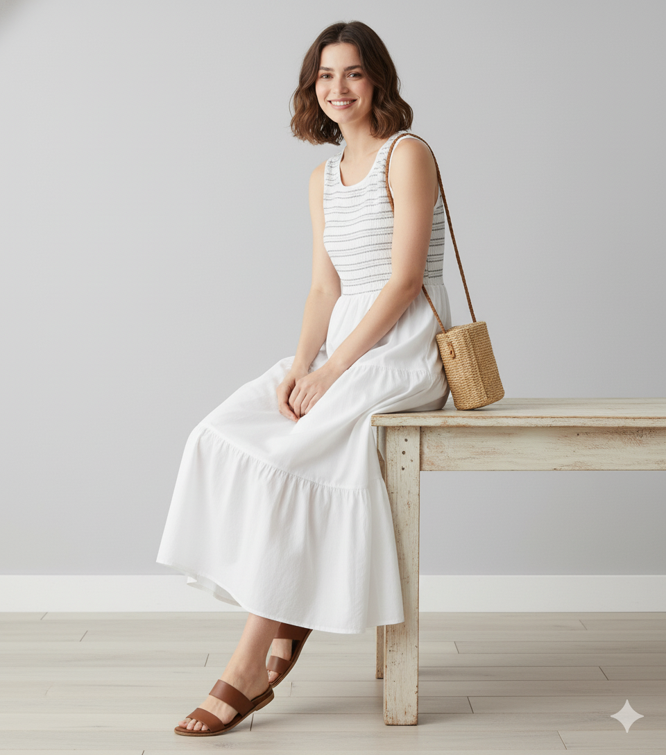 White Cotton Tiered Maxi Dress