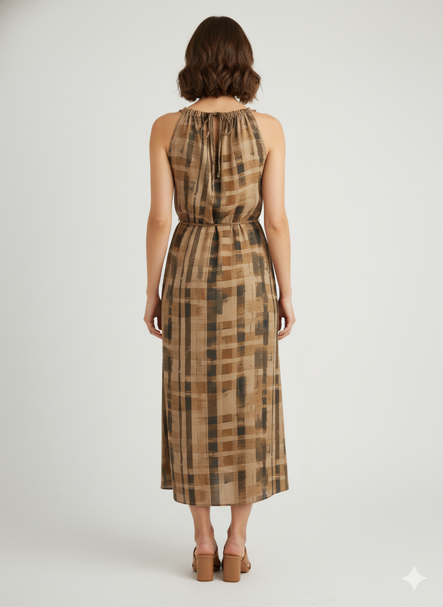 Casual Checked Shoulder-less Viscose Dress