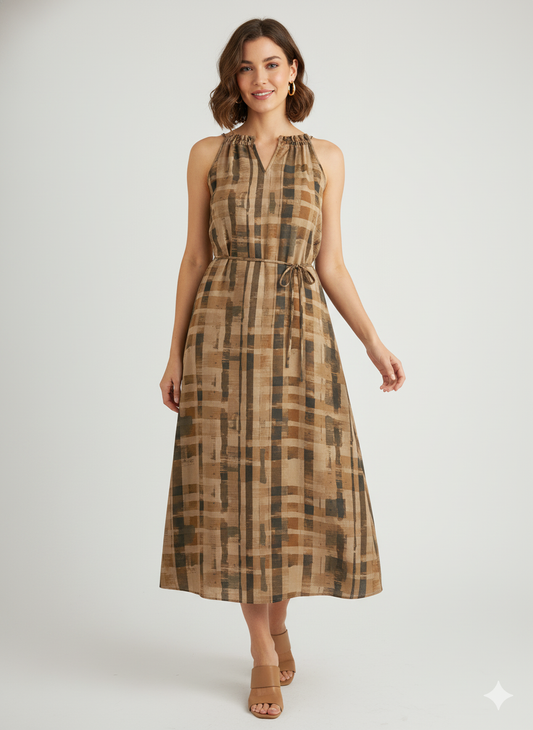 Casual Checked Shoulder-less Viscose Dress