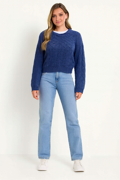 Cotton Drop Shoulder Knitted Dark Blue Sweater