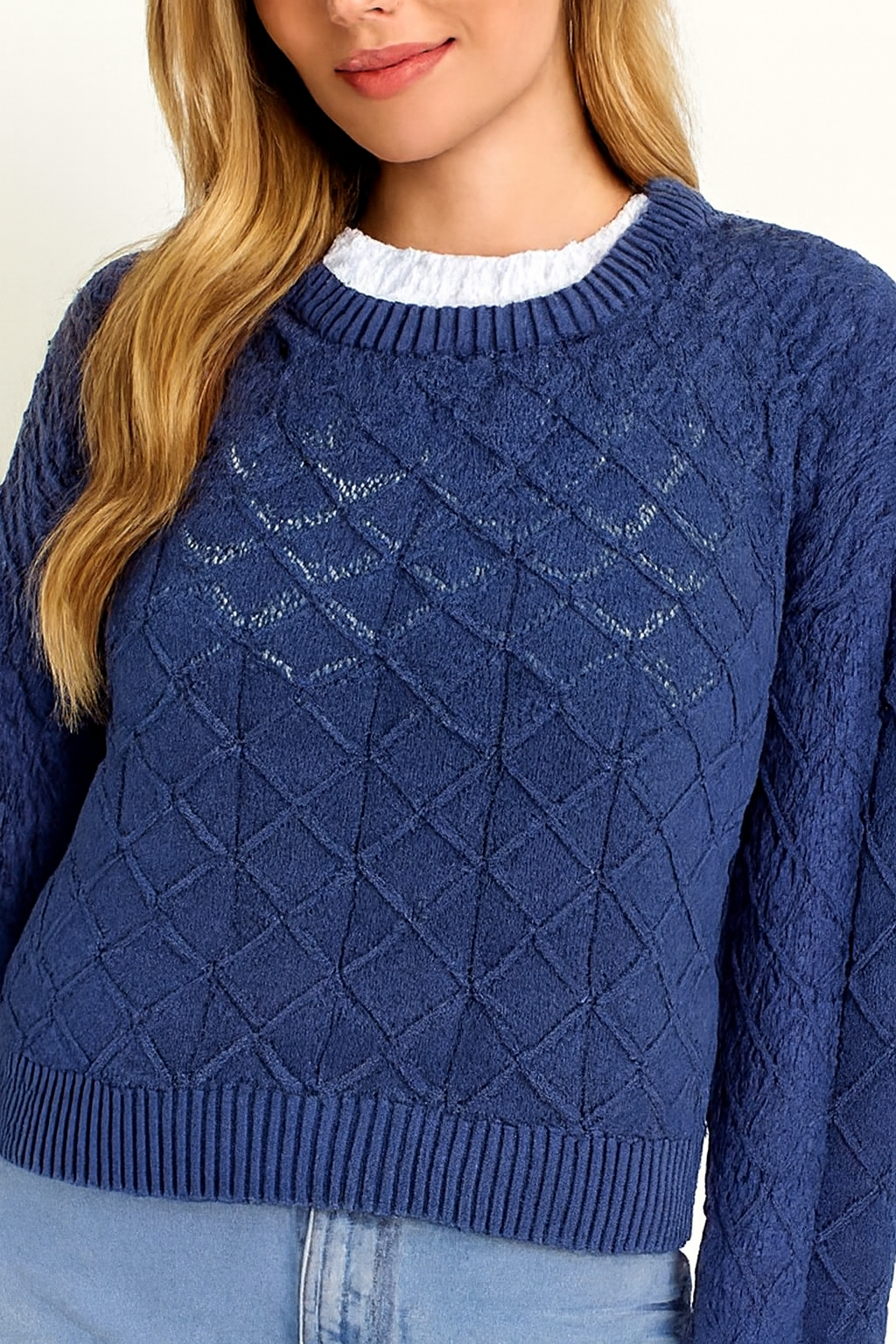 Cotton Drop Shoulder Knitted Dark Blue Sweater