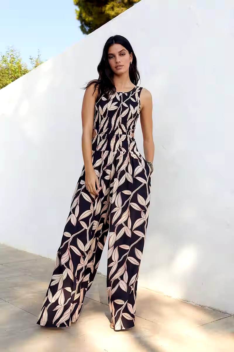 Viscose Printed Sleeveless Stretchable Jumpsuit with Back Cut-Out