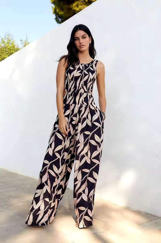 Viscose Printed Sleeveless Stretchable Jumpsuit with Back Cut-Out
