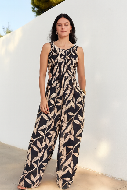 Viscose Printed Sleeveless Stretchable Jumpsuit with Back Cut-Out
