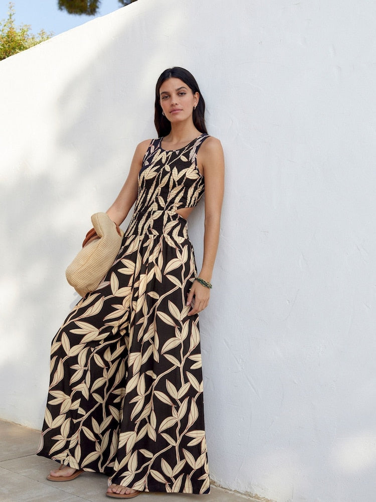 Viscose Printed Sleeveless Stretchable Jumpsuit with Back Cut-Out