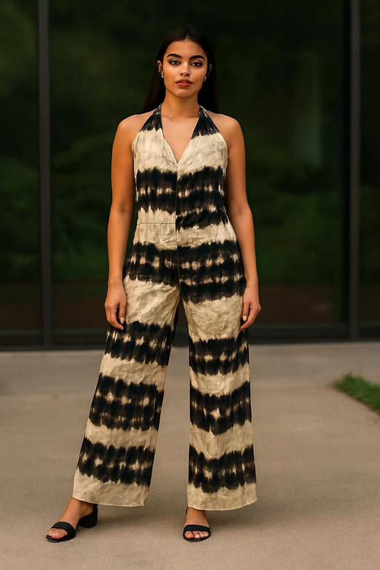 Multi Colour Halter Neck Tie-Dye Jumpsuit | Sleeveless Backless Loose Fit Rayon Jumpsuit
