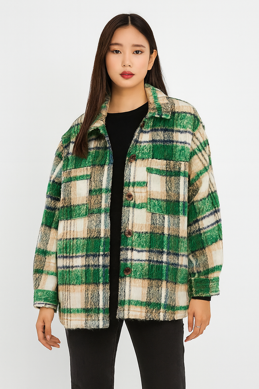Polyester Green Checked Winter Jacket | Loose Fit Wool Blend Shacket with Front & Side Pockets