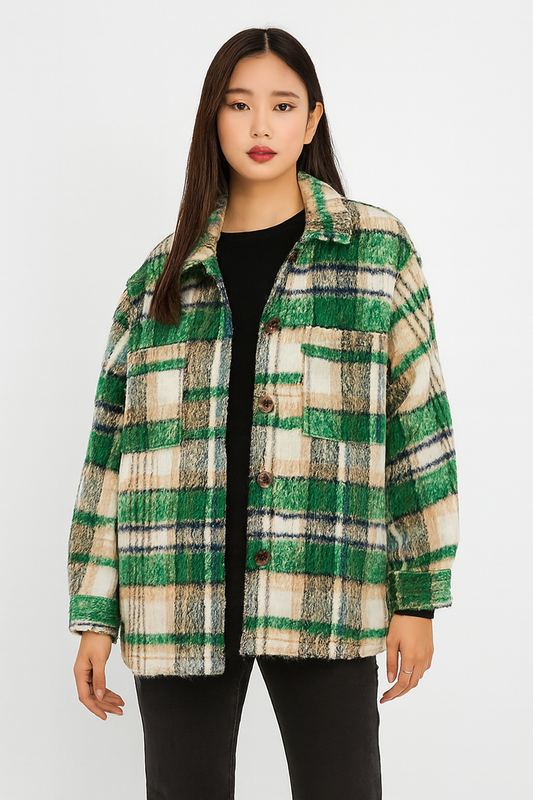 Polyester Green Checked Winter Jacket | Loose Fit Wool Blend Shacket with Front & Side Pockets