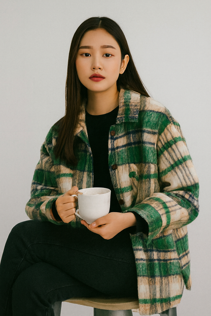 Polyester Green Checked Winter Jacket | Loose Fit Wool Blend Shacket with Front & Side Pockets