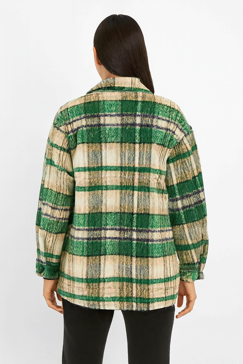 Polyester Green Checked Winter Jacket | Loose Fit Wool Blend Shacket with Front & Side Pockets