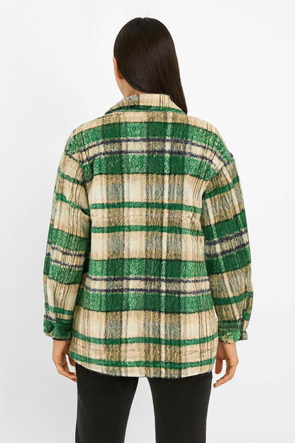 Polyester Green Checked Winter Jacket | Loose Fit Wool Blend Shacket with Front & Side Pockets