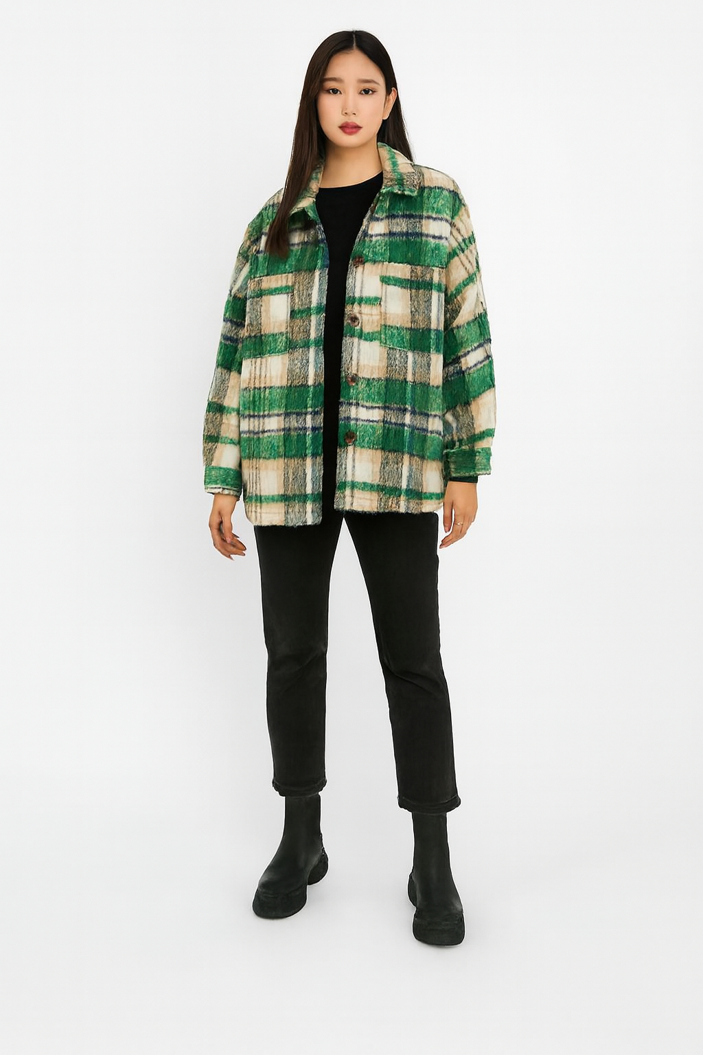Polyester Green Checked Winter Jacket | Loose Fit Wool Blend Shacket with Front & Side Pockets