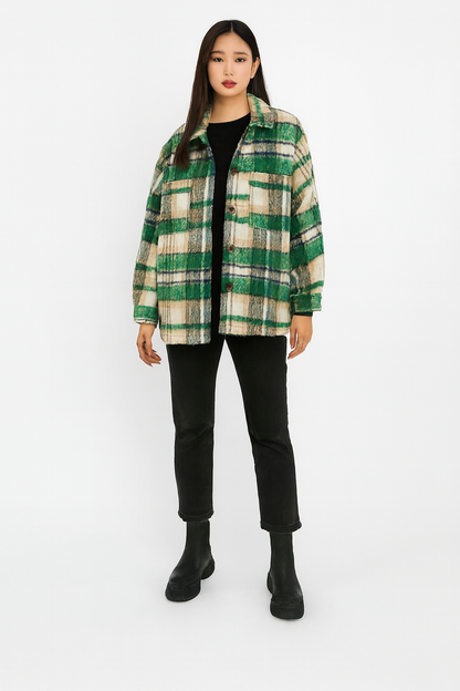 Polyester Green Checked Winter Jacket | Loose Fit Wool Blend Shacket with Front & Side Pockets