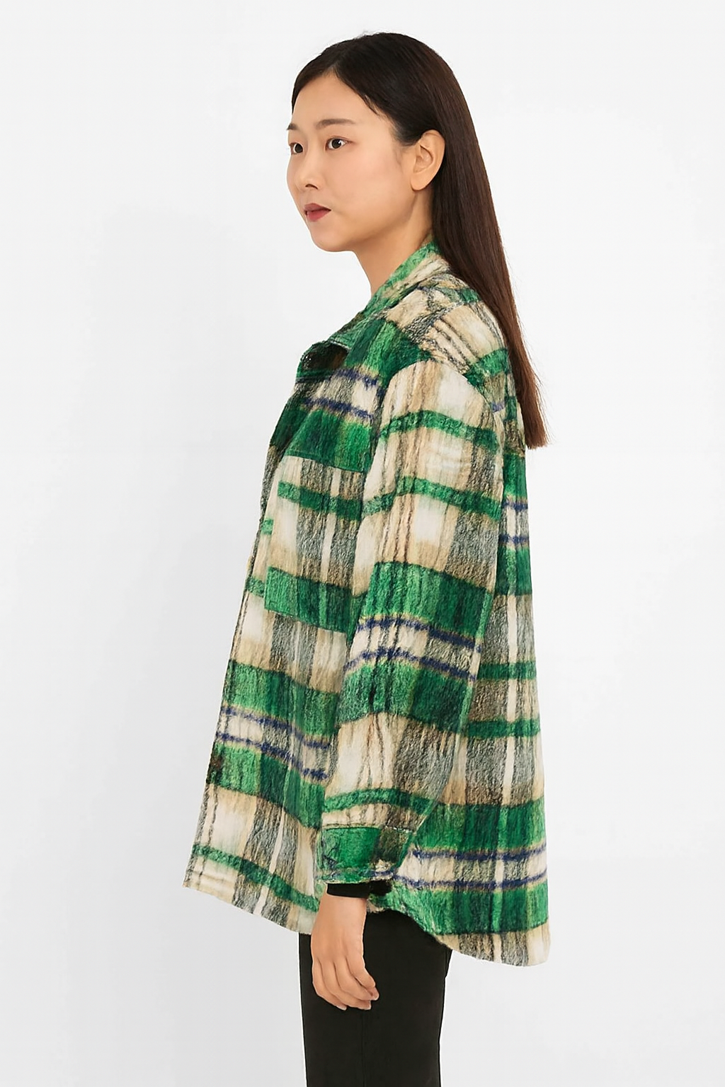Polyester Green Checked Winter Jacket | Loose Fit Wool Blend Shacket with Front & Side Pockets