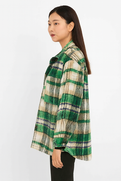 Polyester Green Checked Winter Jacket | Loose Fit Wool Blend Shacket with Front & Side Pockets
