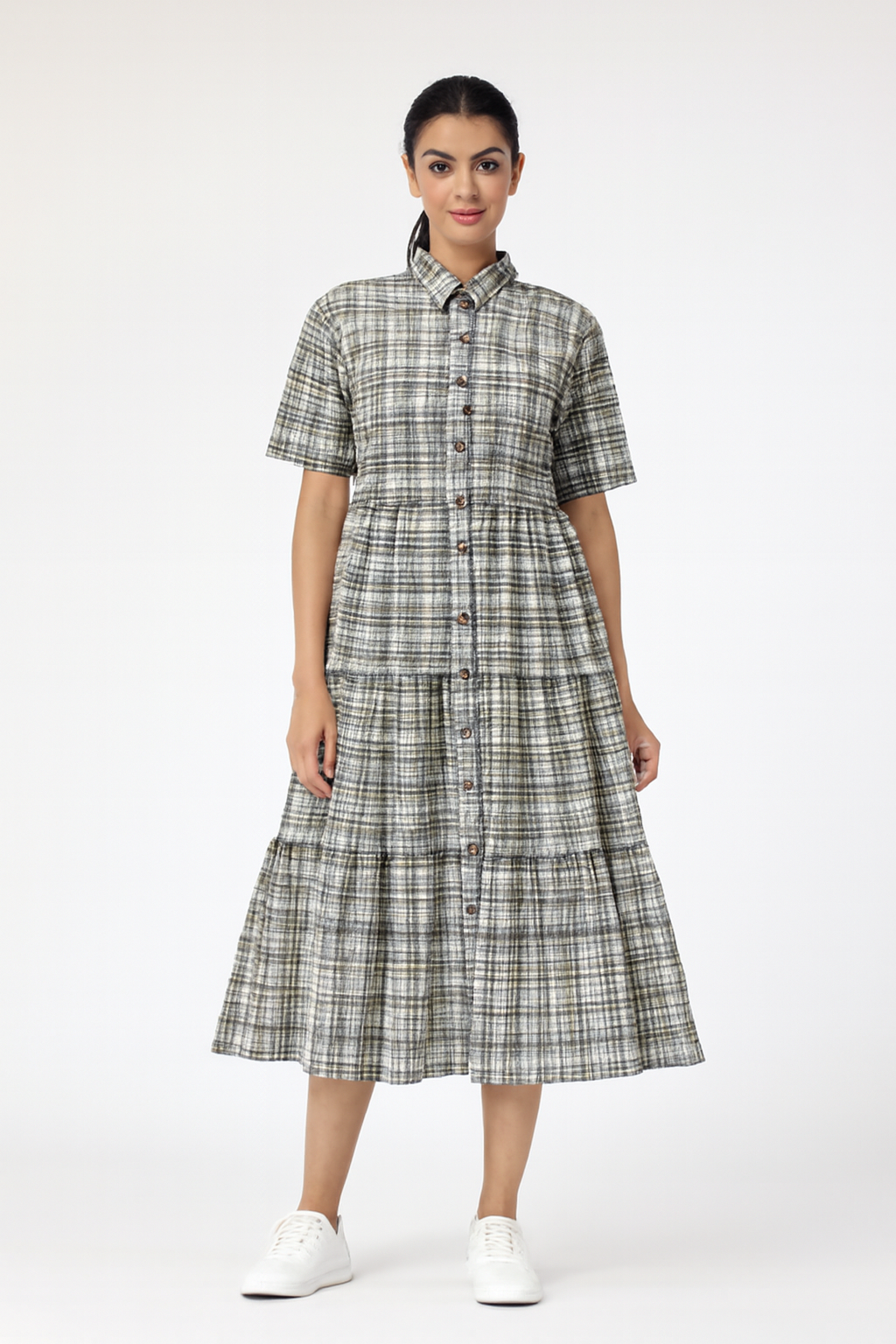 Viscose Light Green Checked Midi Shirt Dress with Button Front & Short Sleeves